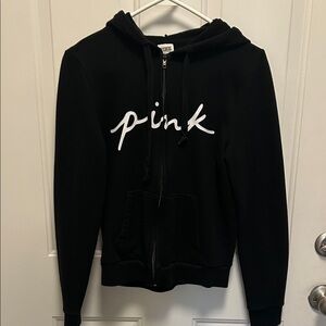 WORN ONCE Victoria’s Secret PINK Black Hoodie with White PINK logo, Size Small🖤